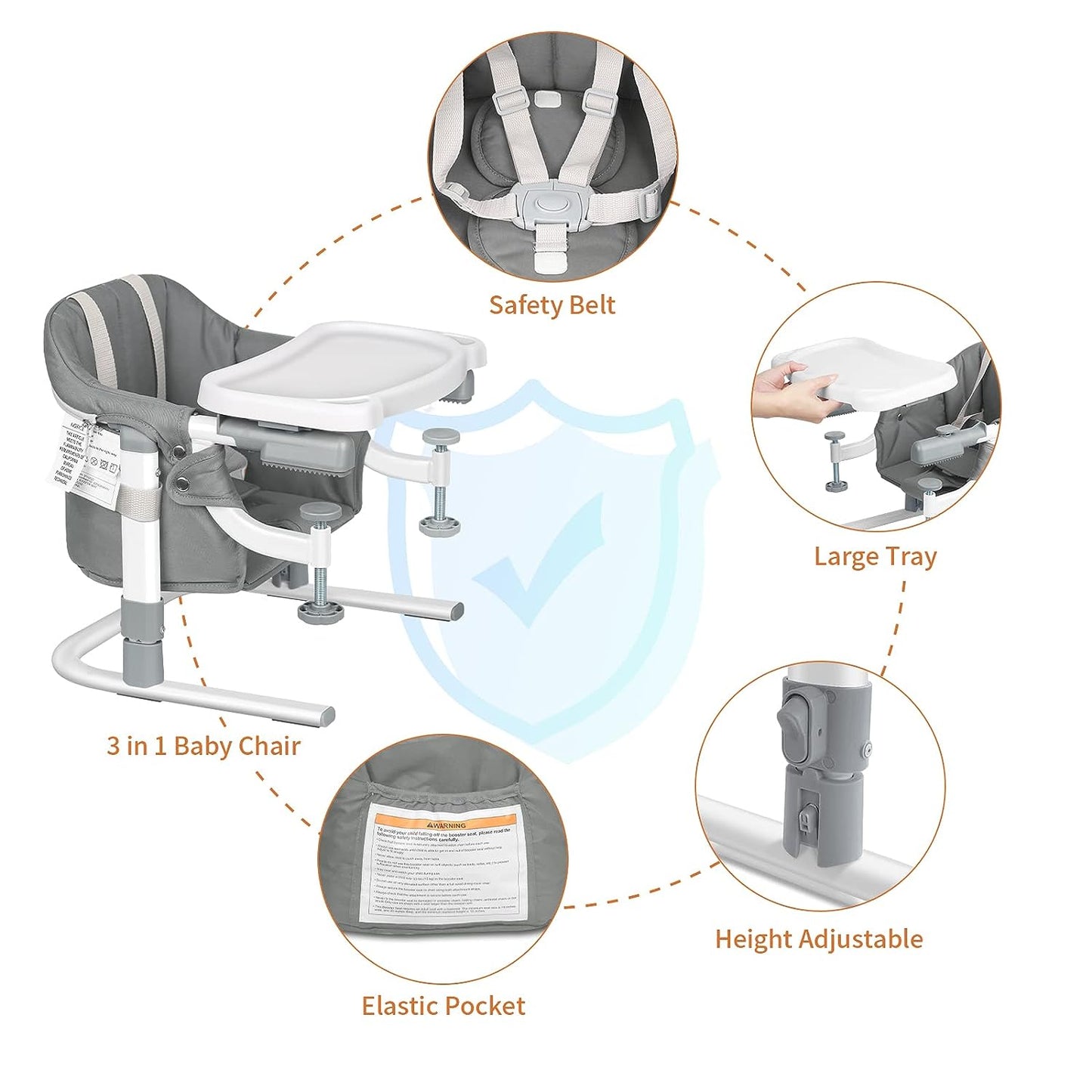 Free Standing Floor Seat 3 in 1 Baby Booster High Chair with Tray Feeding Seat for Table Hook On Chair