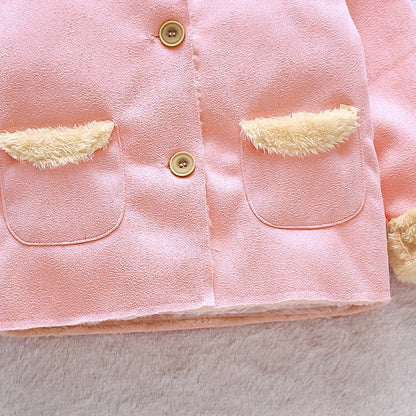 3D Ear Solid Suede and Fleece Baby Hooded Coat Jacket