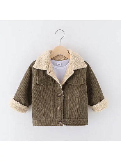 Toddler Girlboy Lapel Collar Button Design Fleece Lined Coat