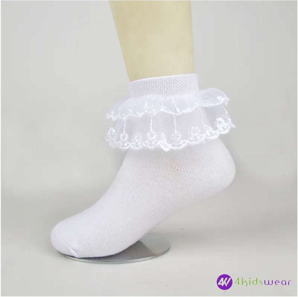 children cute double lace kids socks 100% cotton school teen socks crew white girls sock