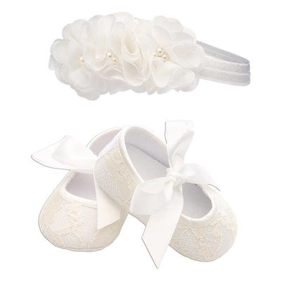 Ivory Lace Baptism Shoe and Headband Set For Baby Girls