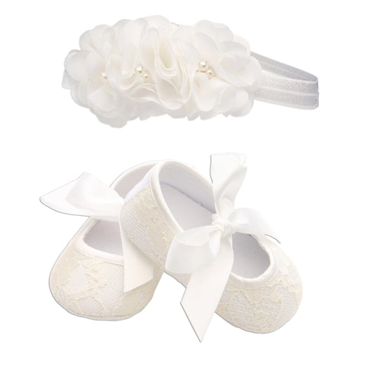 Ivory Lace Baptism Shoe and Headband Set For Baby Girls
