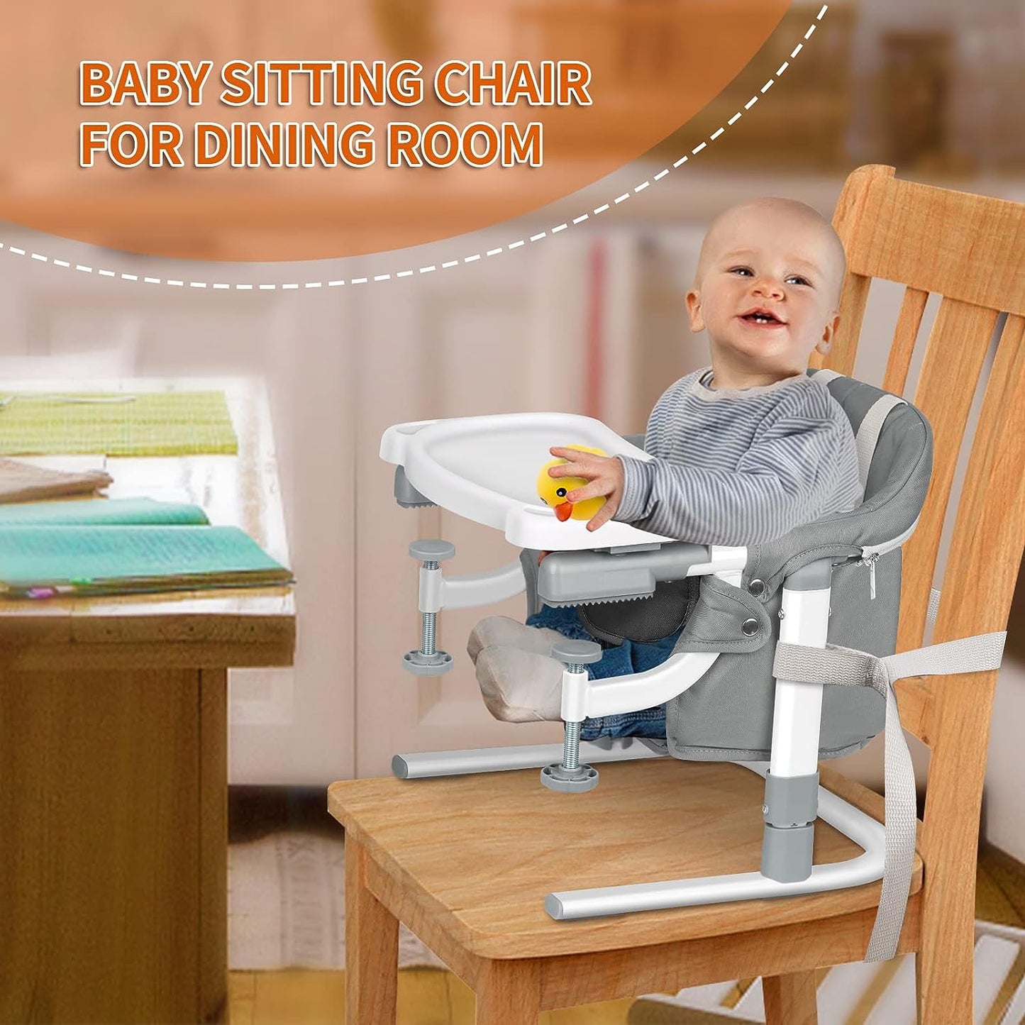 Free Standing Floor Seat 3 in 1 Baby Booster High Chair with Tray Feeding Seat for Table Hook On Chair
