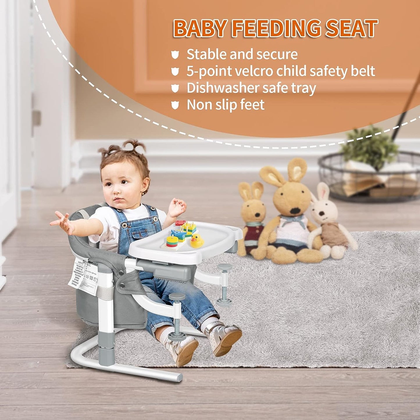 Free Standing Floor Seat 3 in 1 Baby Booster High Chair with Tray Feeding Seat for Table Hook On Chair