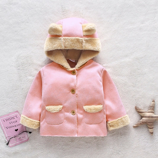 3D Ear Solid Suede and Fleece Baby Hooded Coat Jacket