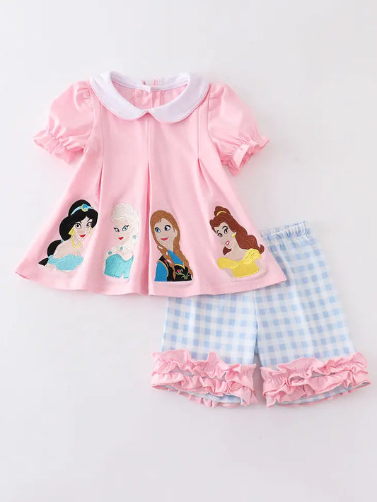 Pink Princess Embroidery Ruffle Girl Short Set