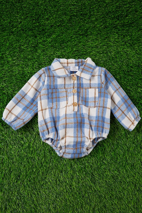 Blue Plaid Fleece Fabric Baby Onesie w/ Snaps