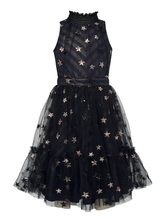 Sequin Star Mesh Overlay Halter Dress