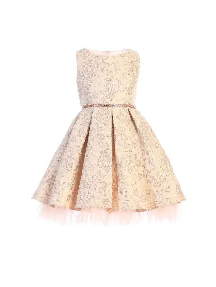 Metallic Floral Pleated Jacquard w/ Peek A Boo Tulle