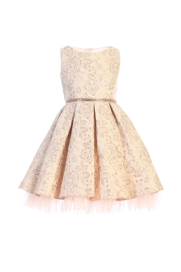 Metallic Floral Pleated Jacquard w/ Peek A Boo Tulle