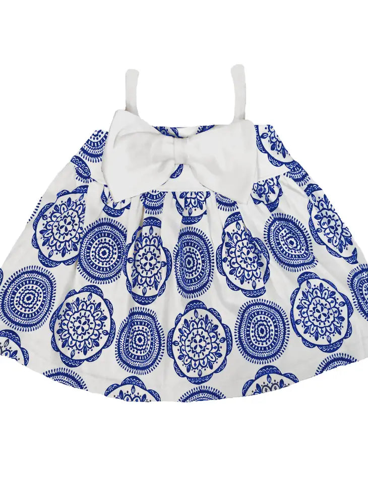 Blue & White Medallion Baby Girl Organic Cotton Bow Dress