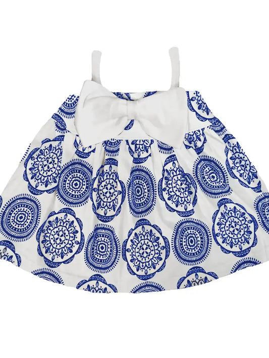 Blue & White Medallion Baby Girl Organic Cotton Bow Dress