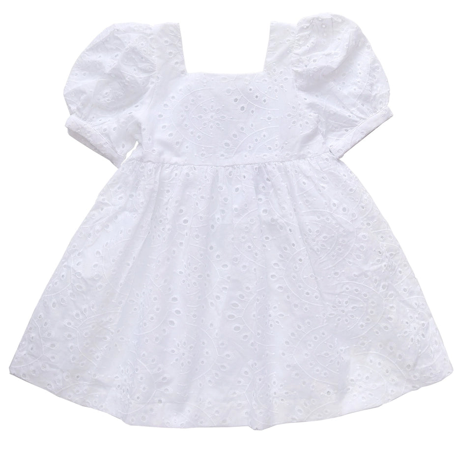 White Embroidered Eyelet Square Neck Puff-Sleeve A-Line Dress - Toddler & Girls