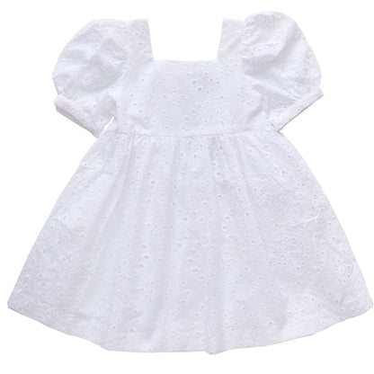 White Embroidered Eyelet Square Neck Puff-Sleeve A-Line Dress - Toddler & Girls