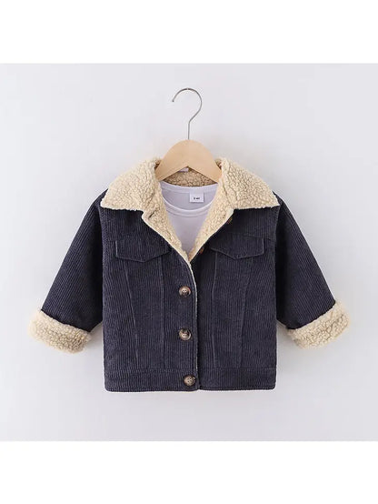 Toddler Girlboy Lapel Collar Button Design Fleece Lined Coat
