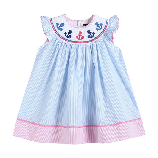 Pink + Blue Striped Smocked Baby Bishop Dress with Anchor