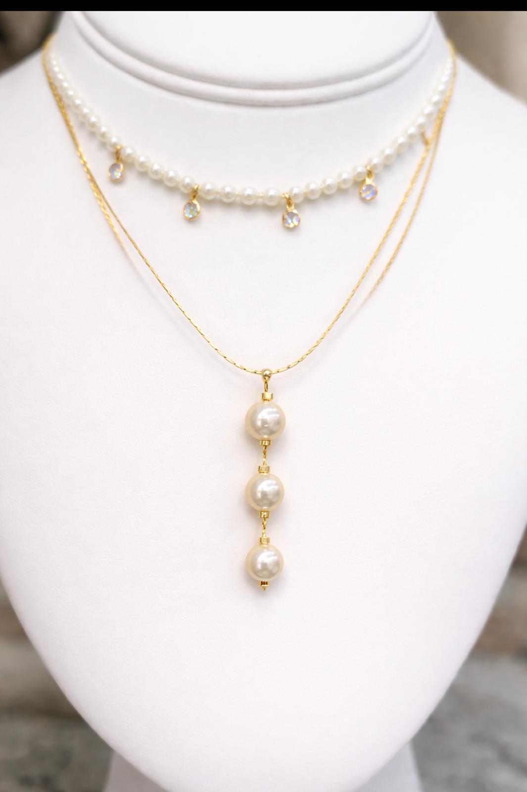 Adjustable Choker Necklace with Three Pearl Drop Charms