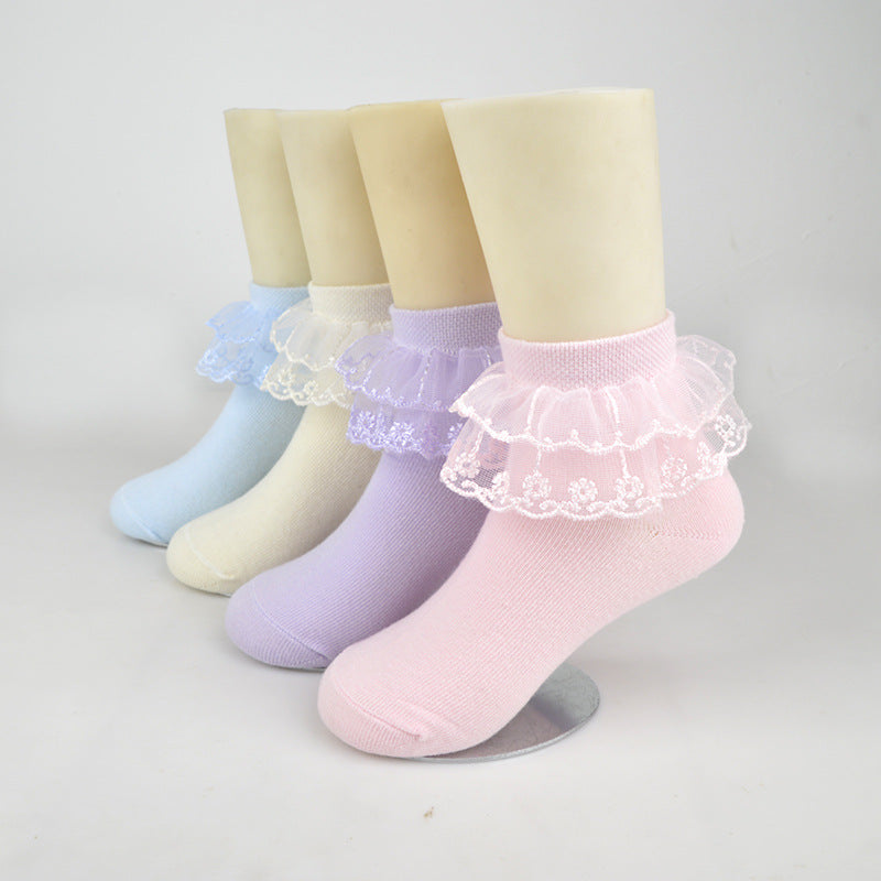 Children cute double lace kids socks 100% cotton school teen socks crew white girls sock