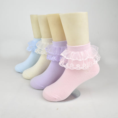 Children cute double lace kids socks 100% cotton school teen socks crew white girls sock