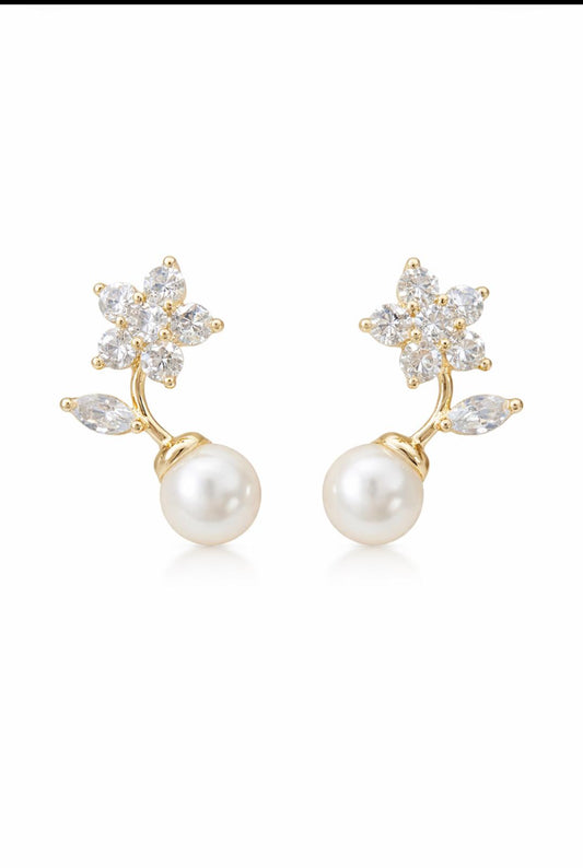 Floral Crystal Pearl Drop Earrings