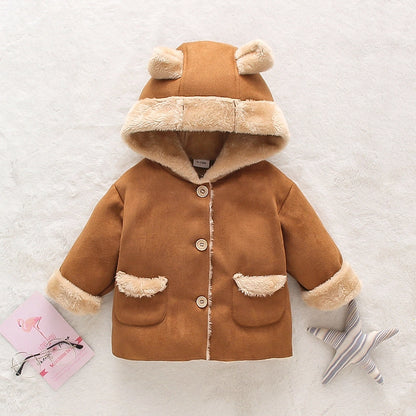 3D Ear Solid Suede and Fleece Baby Hooded Coat Jacket