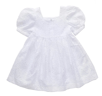 White Embroidered Eyelet Square Neck Puff-Sleeve A-Line Dress - Toddler & Girls
