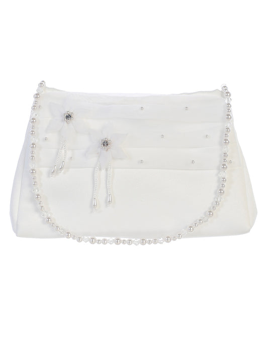 Girls Satin Purse with Organza Pleats with Flower Accens and a Pearl and Bead Strap