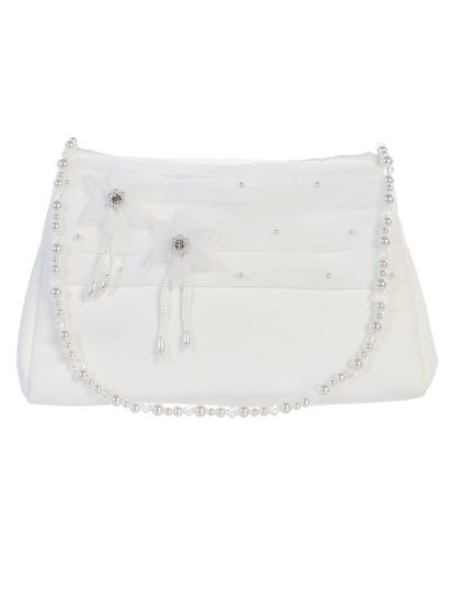 Girls Satin Purse with Organza Pleats with Flower Accens and a Pearl and Bead Strap