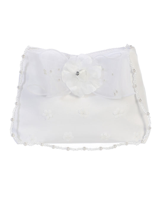Satin Purse with Satin Flower Accents with a Bead and Pearl Strap