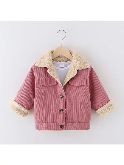 Toddler Girlboy Lapel Collar Button Design Fleece Lined Coat