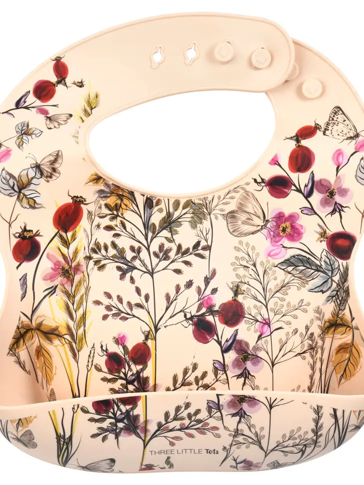 Flower Print Silicone Bib with Crumb Catcher