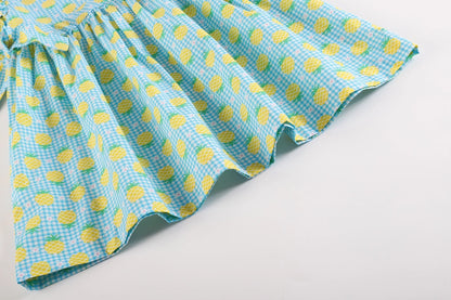 Blue Gingham Pineapple Print Baby Ruffle Dress