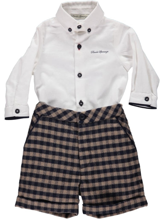 Set of White Shirt and Brown Plaid Shorts