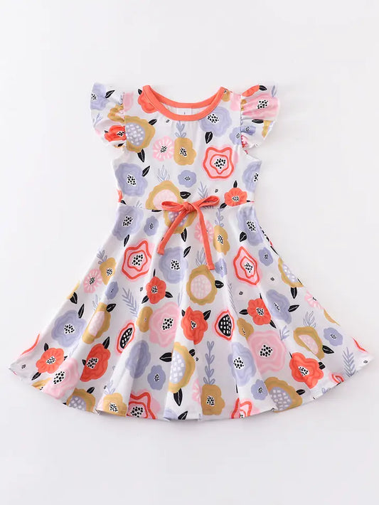 Orange Floral Print Ruffle Dress