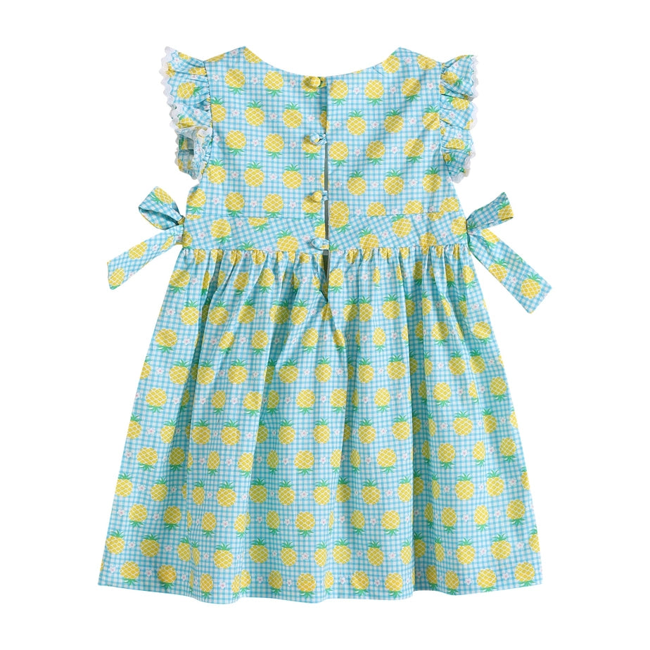 Blue Gingham Pineapple Print Baby Ruffle Dress