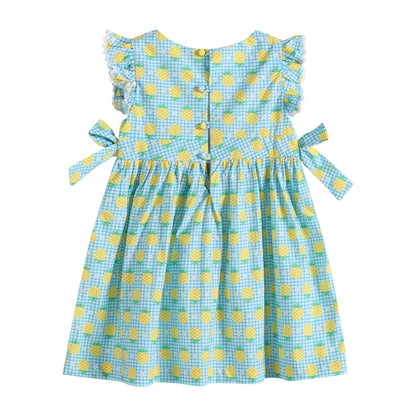 Blue Gingham Pineapple Print Baby Ruffle Dress
