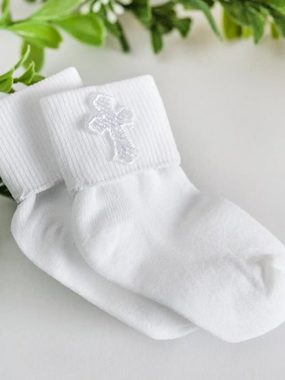 White Baby Baptism or Christening Dress Socks with Cross