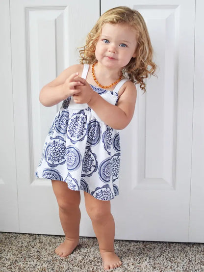 Blue & White Medallion Baby Girl Organic Cotton Bow Dress