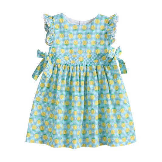 Blue Gingham Pineapple Print Baby Ruffle Dress