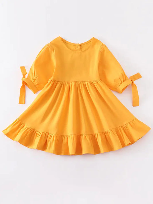 Mustard Ruffle Dress with Bow On Sleeve